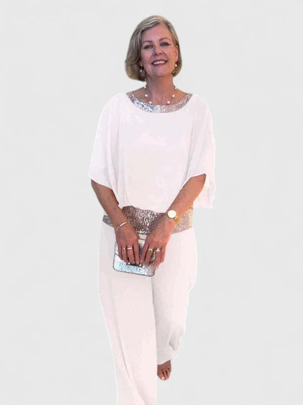 Sequin Trim Chiffon Overlay Top and Pants Two Piece Set