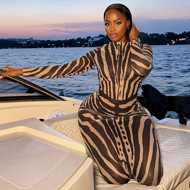 Women Printed Wear round Neck Long Sleeve Black Pattern Slim Fit Sheath Dress Casual Seaside Vacation Maxi Dress