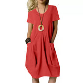 V-Neck Short Sleeve Pocket Loose Cocoon Midi Dress 10