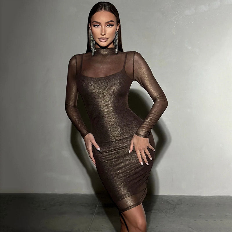 Glitter Sheer Mesh Mock Neck Long Sleeve Bodycon Mini Dress