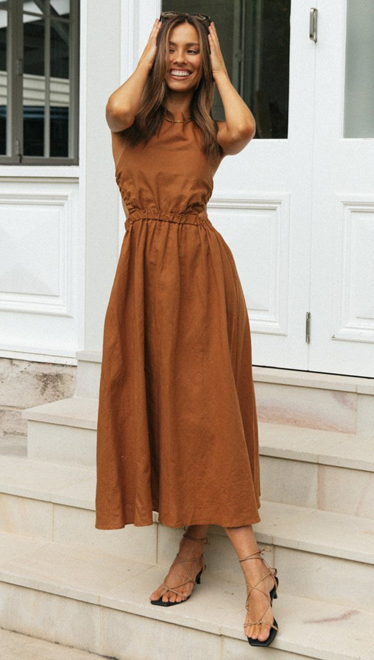 Linen-Look Sleeveless Side Cut Out Open Back Elastic Waist Maxi Dress 3