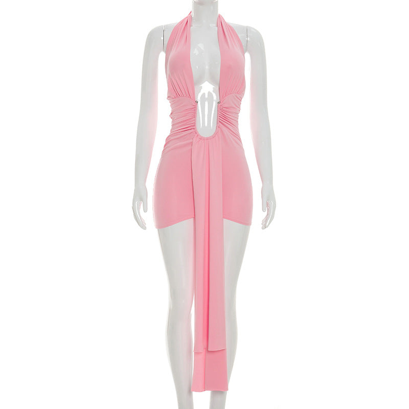 Halter Neck Plunging Cut Out Ruched Drape Front Bodycon Mini Dress 3