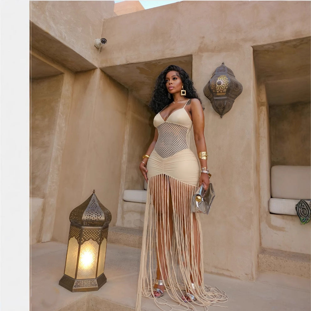 V-Neck Spaghetti Strap Fishnet Panel Ruched Fringe Hem Maxi Dress