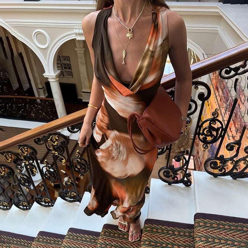 Summer Women Clothing Retro Swing Collar Printing Color Contrast All Matching High Waist Maxi Dress