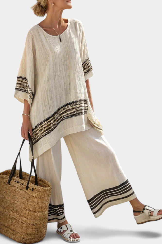 Striped Trim Half Sleeve Top and Wide Leg Pants Two Piece Set