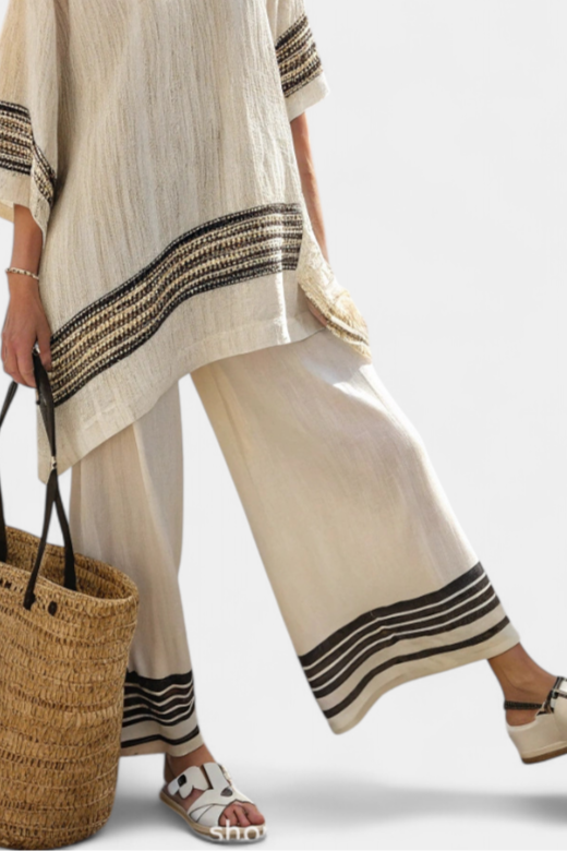 Striped Trim Half Sleeve Top and Wide Leg Pants Two Piece Set