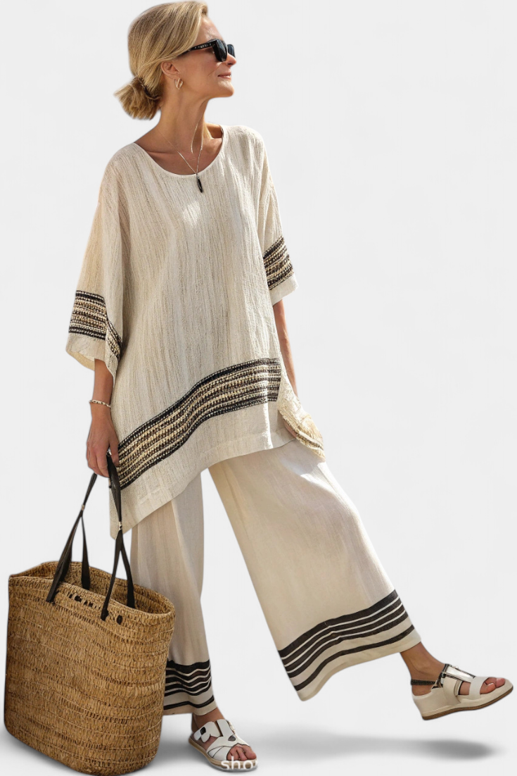 Striped Trim Half Sleeve Top and Wide Leg Pants Two Piece Set