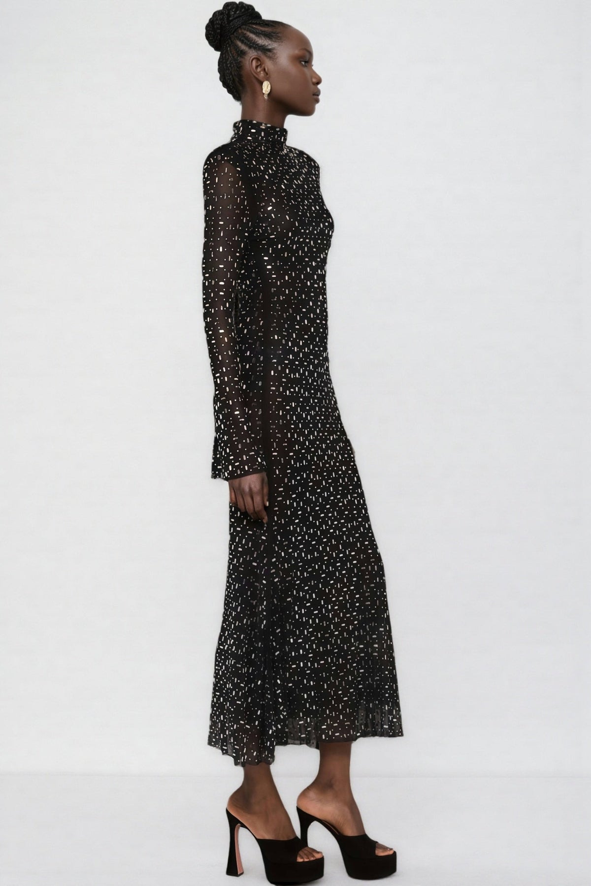 Mock Neck Long Sleeve Rhinestone Sheer Mesh Fishtail Midi Dress 3