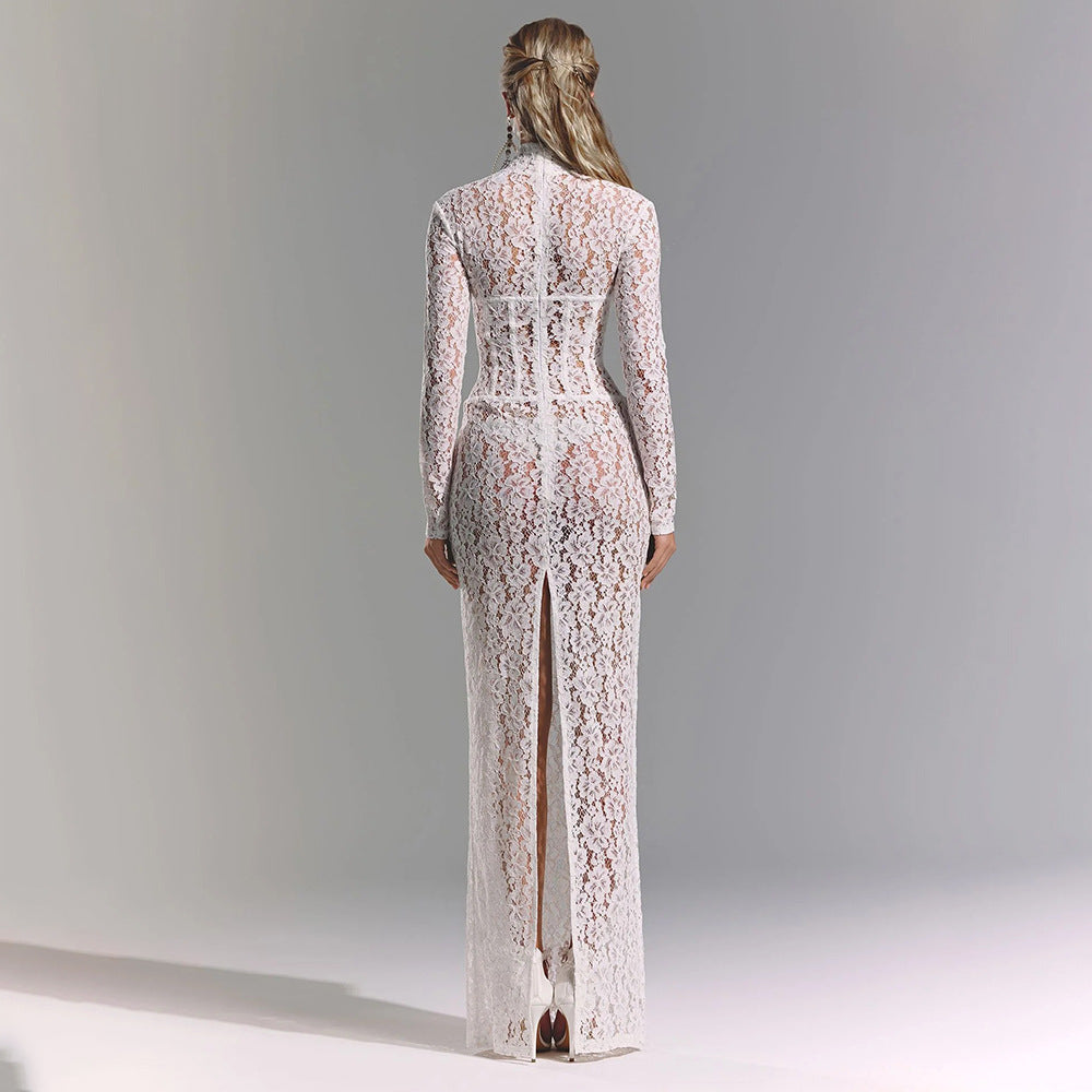 Elegant Luxurious White Lace Maxi Dress - View 2