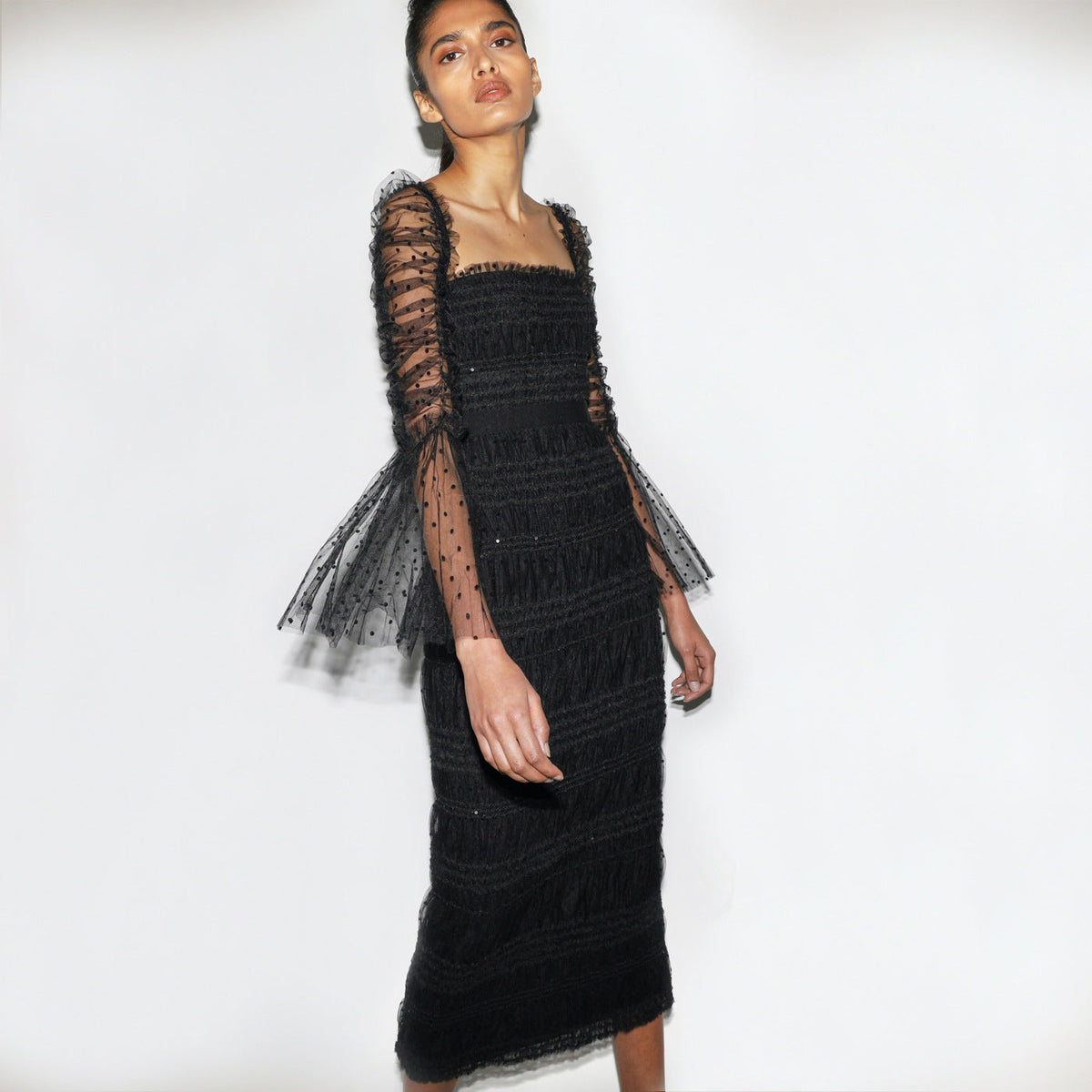 Polka Dot Mesh Square Neck Flared Sleeve Ruched Midi Dress