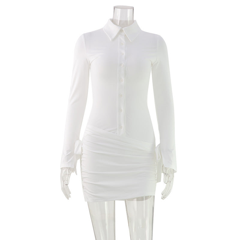 Plunging Collared Button Front Long Sleeve Ruched Bodycon Mini Shirt Dress 2