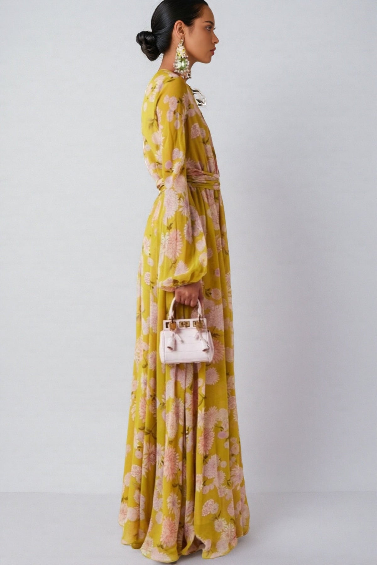 Floral Chiffon Keyhole Neck Lantern Sleeve Tie Waist Maxi Dress 3