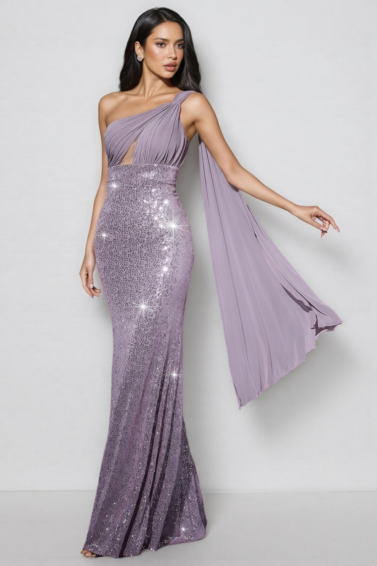 One Shoulder Ruched Bodice Sequin Draped Mermaid Maxi Gown 4