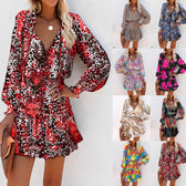 Floral V-Neck Long Sleeve Tiered Ruffle Mini Dress 13