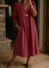 V-Neck Lace Trim Linen Pocket Midi Dress 6