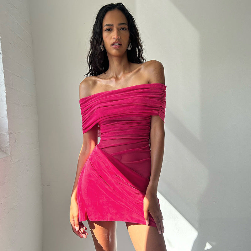 Off Shoulder Ruched Mesh Waist Panel Wrap Overlay Mini Dress