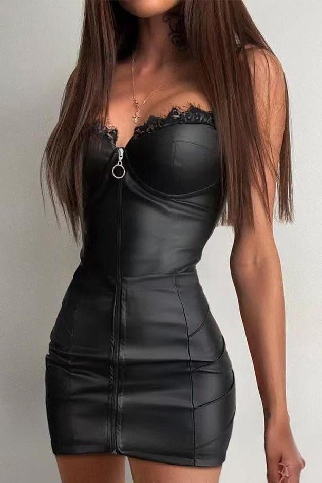 Strapless Faux Leather Lace Trim Zip Front Bodycon Mini Dress