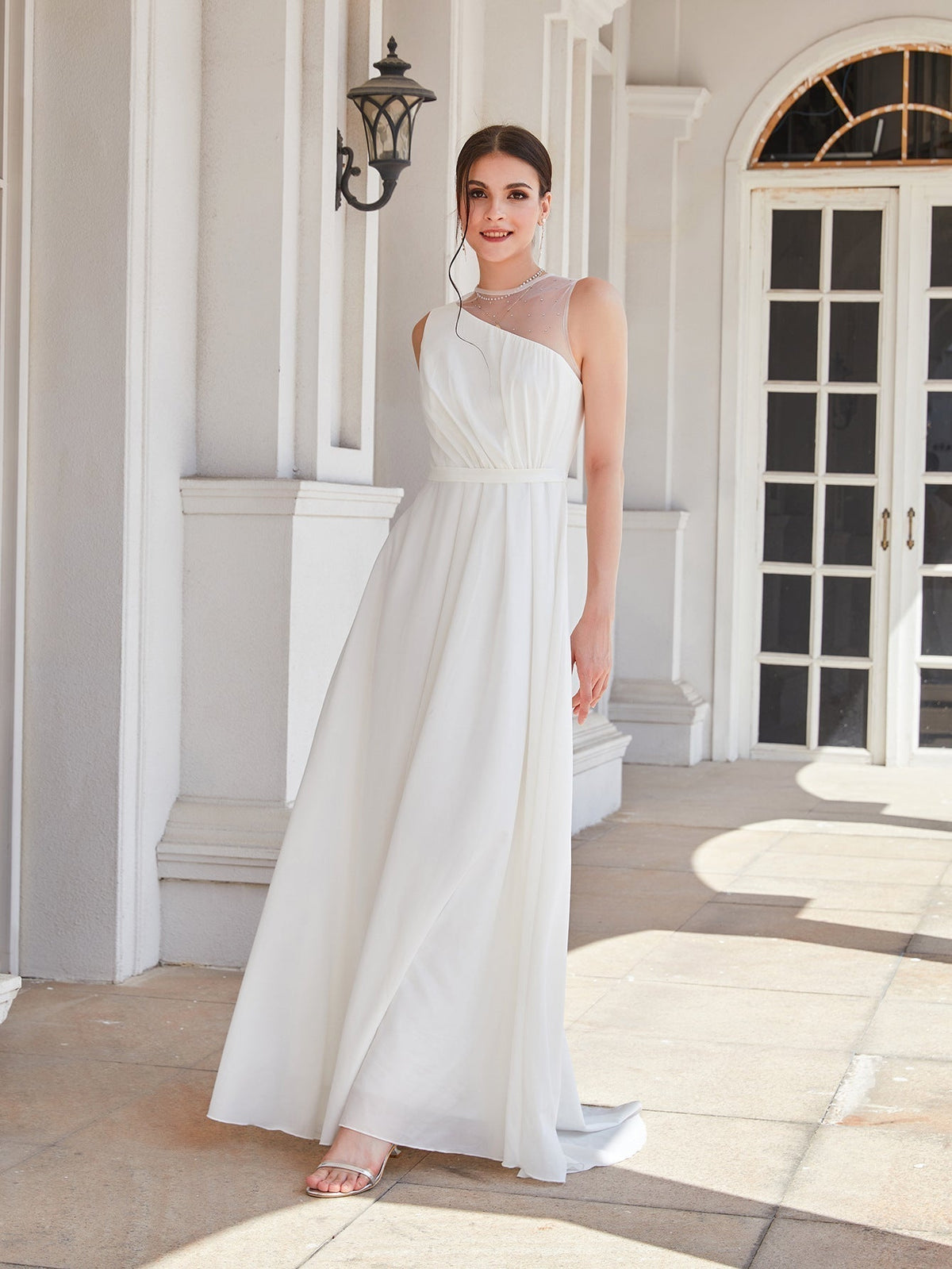 One Shoulder Sheer Mesh Pleated Bodice A-Line Chiffon Maxi Dress 2