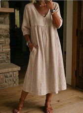 V-Neck Lace Trim Linen Pocket Midi Dress 12