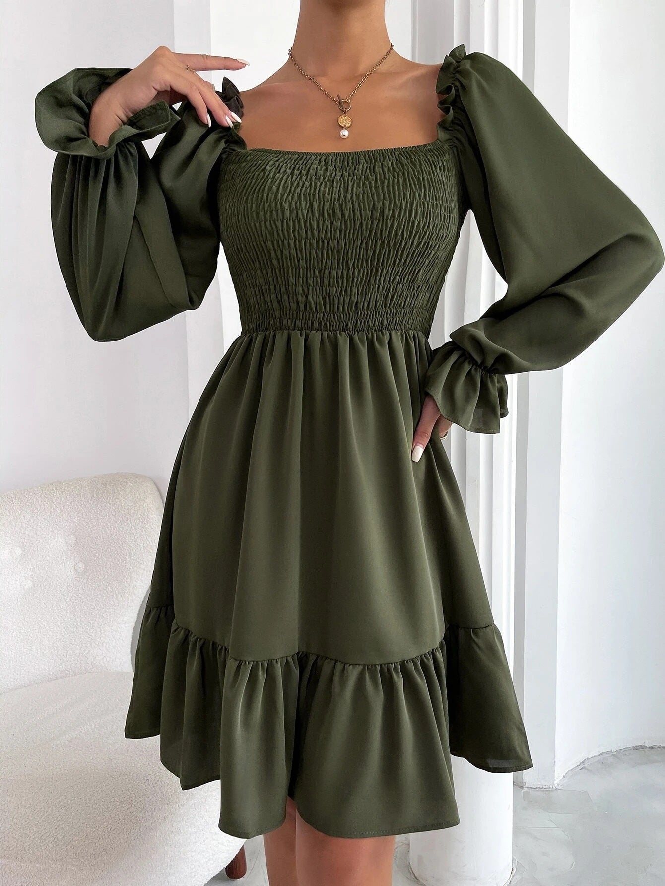 Square Neck Long Sleeve Smocked Tiered Mini Dress 10