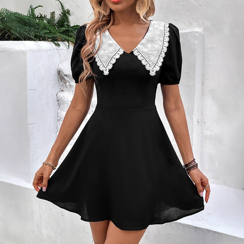 Lace Collar V-Neck Puff Sleeve Fit and Flare Mini Dress