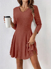 Ribbed Knit V-Neck Long Sleeve Fit and Flare Mini Dress 9