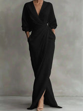 Deep V-Neck Long Sleeve Wrap Ruched High Split Maxi Dress 10