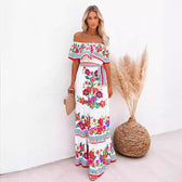 Off Shoulder Floral Ruffle Tiered Belted Maxi Dress