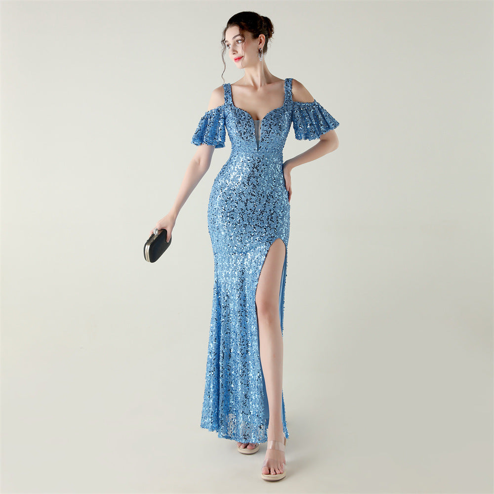 Bead Tube Sequin Heavy Industry Evening Dress Short Sleeve off the Shoulder Deep V Plunge High Slit Fishtail Dress Cocktail Socialite - FashionAxe