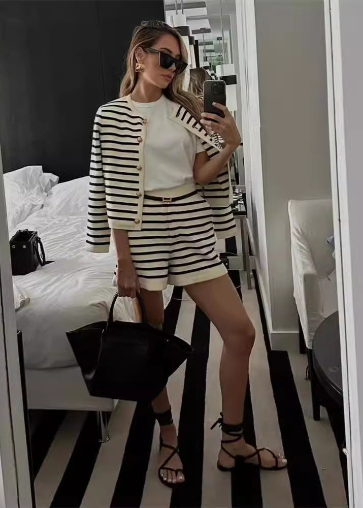Marseille Knit Set Striped Cardigan & High-Waisted Shorts