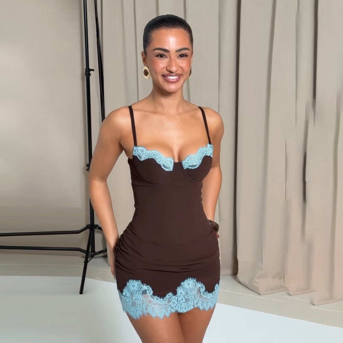 Sexy Sheath Dress Low Cut Lace Stitching Contrast Color Slim Fit Sexy Street Camisole Short Dress for Women