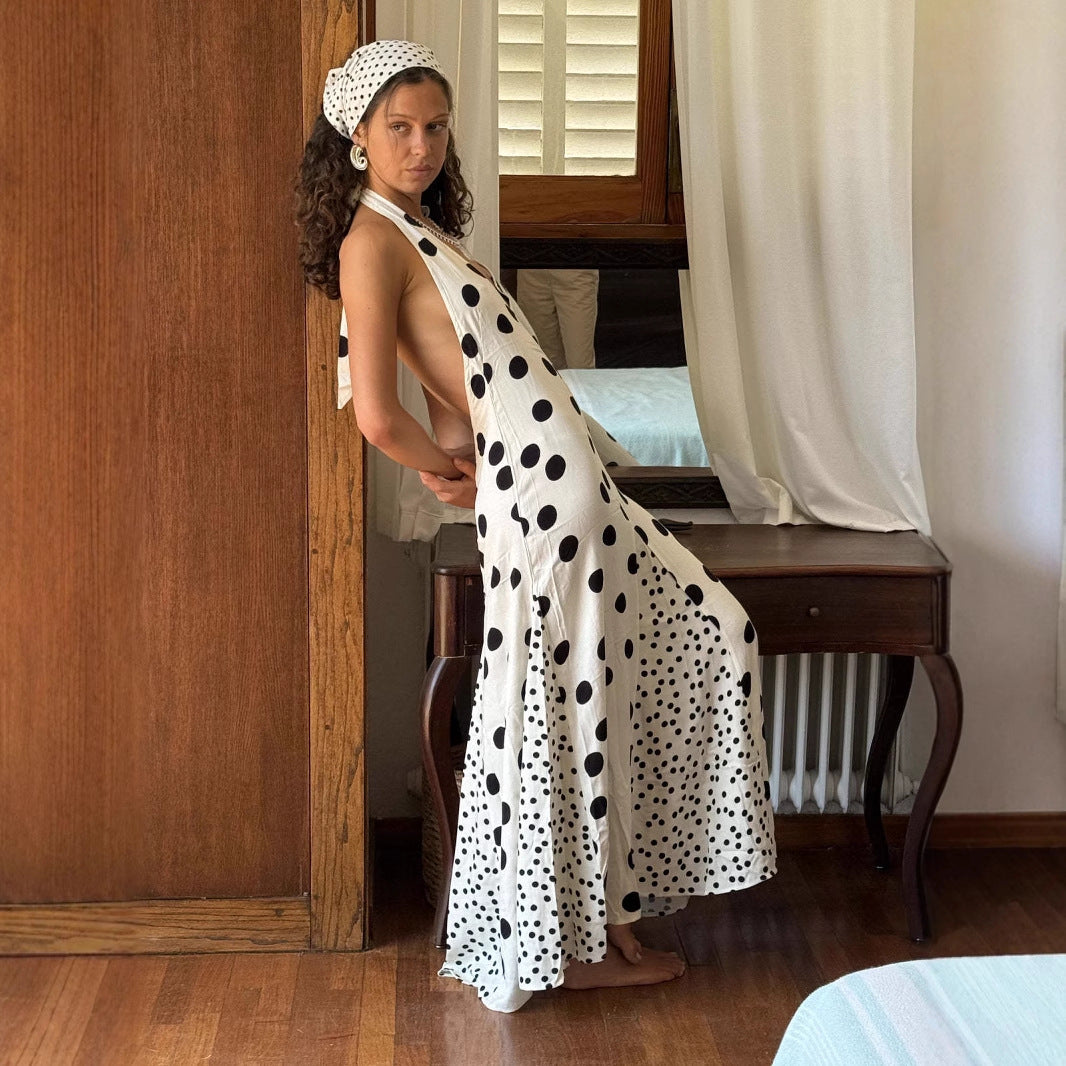 Polka Dot Halter Neck Backless Flowy Bias Cut Maxi Dress