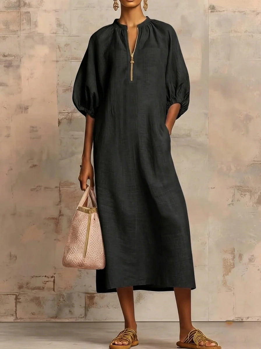 V-Neck Puff Sleeve Loose Linen Midi Dress Summer 9