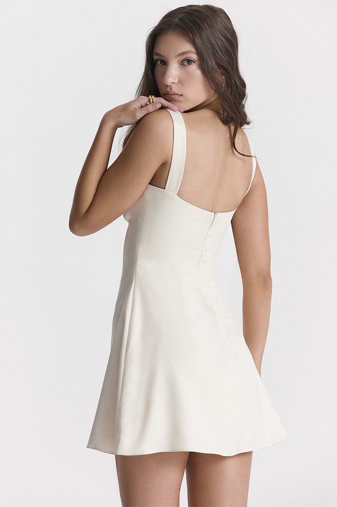 Satin Square Neck Suspender Strap Summer Party Mini Dress - White 10