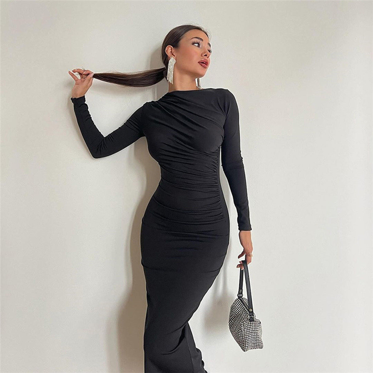 Sophisticated Gathered Bodycon Midi Dress