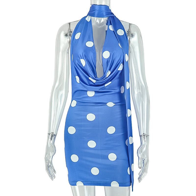 Polka Dot Halter Neck Cowl Plunge Scarf Tie Backless Mini Dress 2