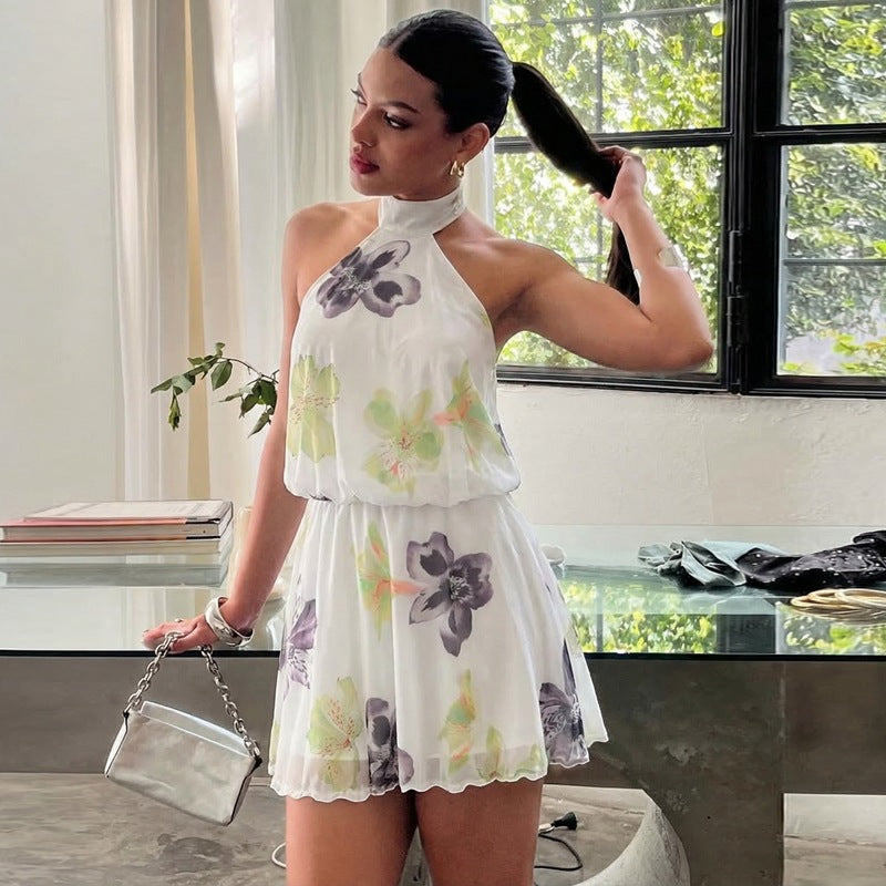 Floral Print Halter Neck Sleeveless Elastic Waist Lettuce Hem Mini Dress