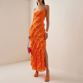 Chiffon Spaghetti Strap Ruffle High Split Maxi Dress