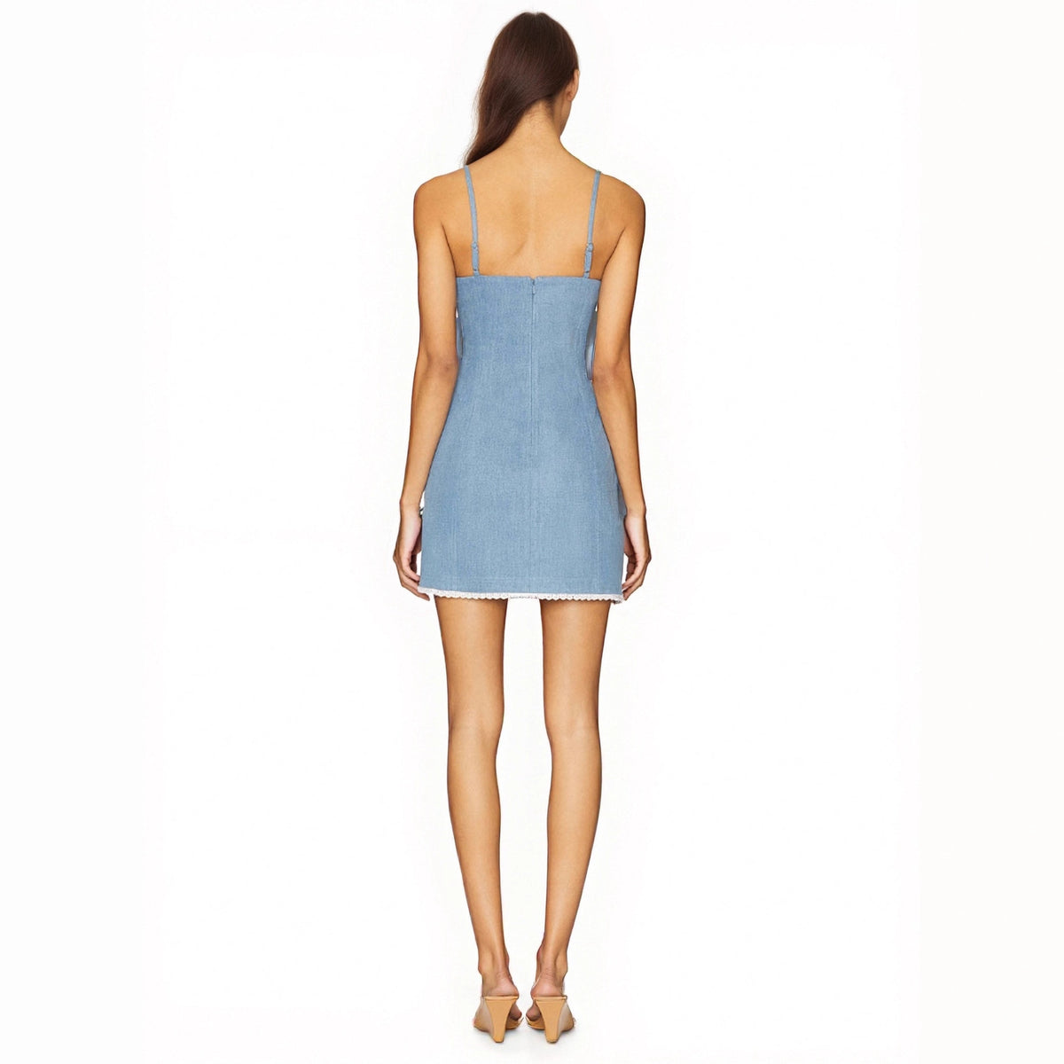 Denim-Look Spaghetti Strap Straight Neck Lace Trim Hem Mini Dress 2