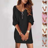Cable Knit Zip V-Neck Long Sleeve Sweater Mini Dress