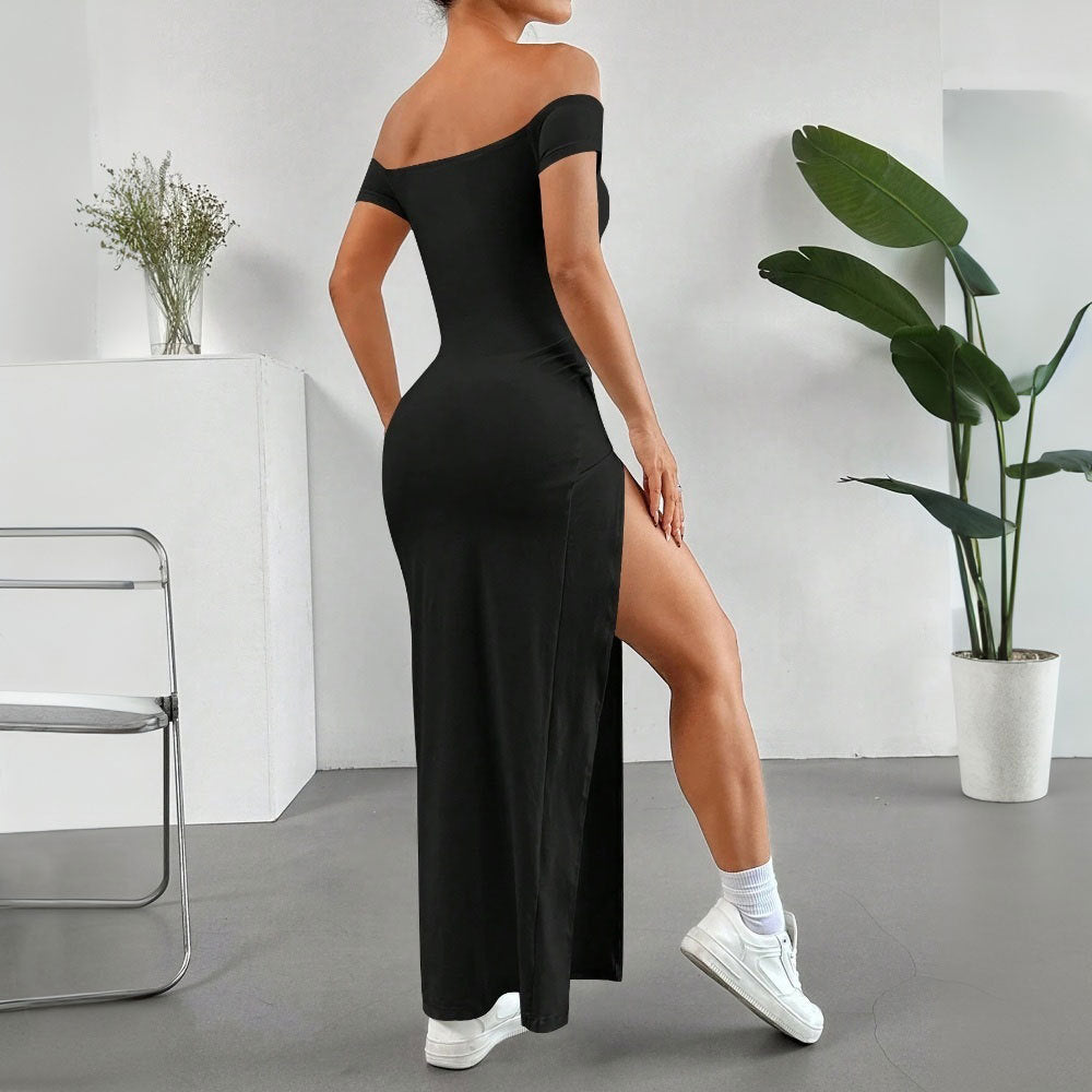 Women Clothing Elegant Sexy Dress Spring Summer Black off the Shoulder Slit Midi Dress