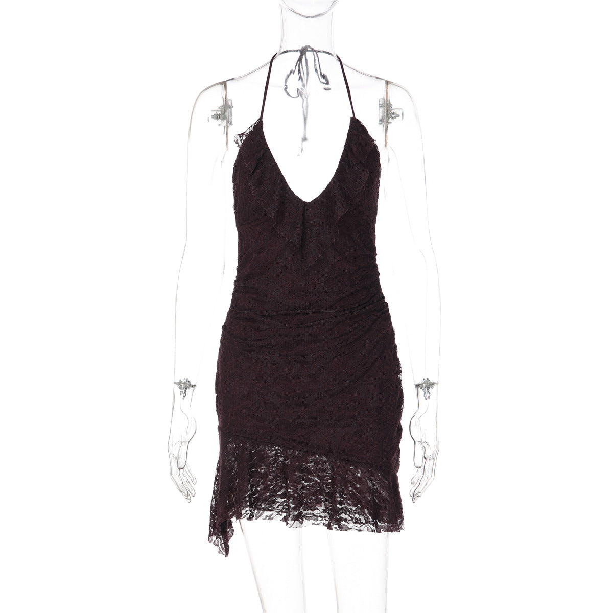 Lace Halter V-Neck Ruffle Trim Backless Asymmetric Hem Mini Dress 2