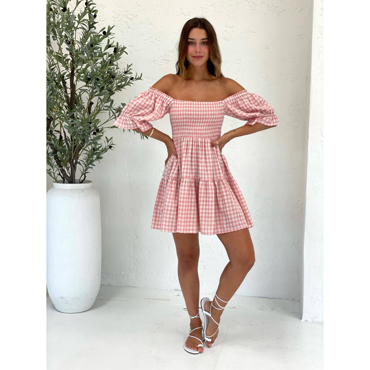 Gingham Square Neck Puff Sleeve Smocked Tiered Mini Dress 4