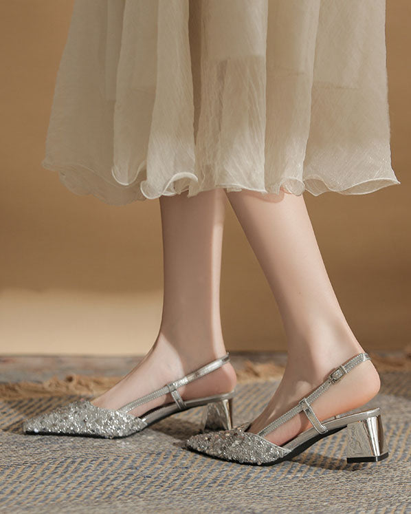Sequins Back Strap Square Toe Chunky Heel Sandals
