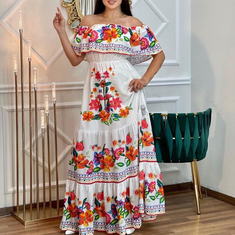 Off Shoulder Floral Ruffle Tiered Belted Maxi Dress 18