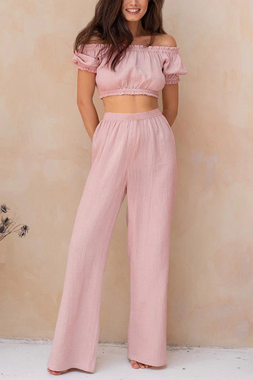 Off Shoulder Ruched Crop Top Pants Sets