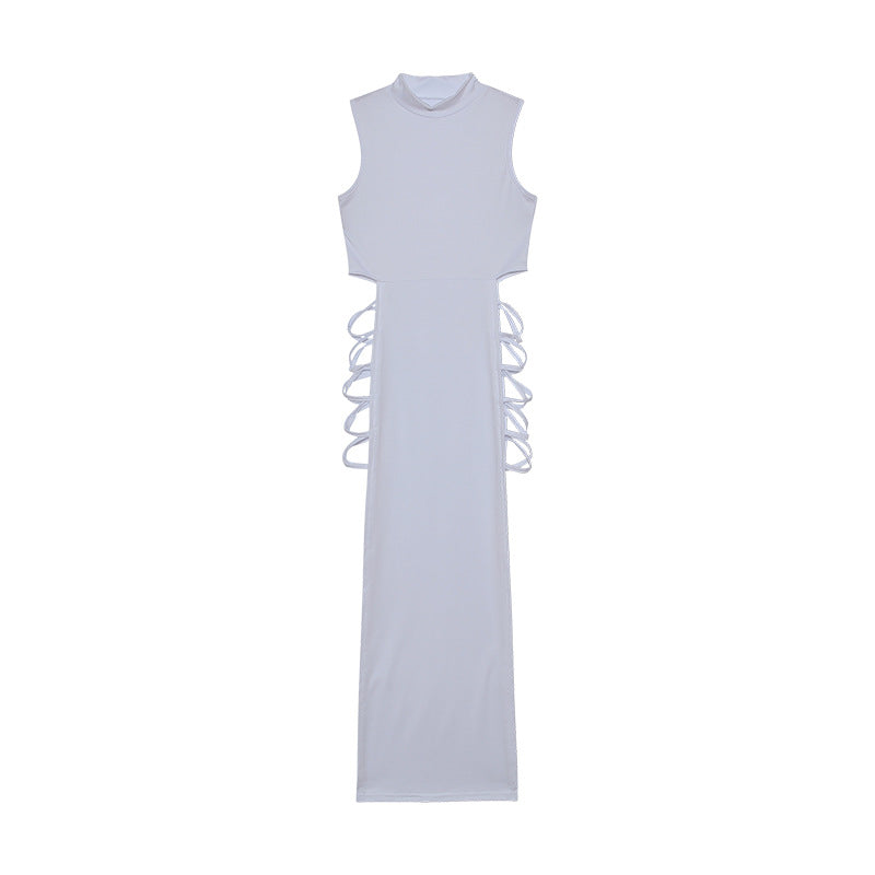Mock Neck Sleeveless Lace Up Side Cut Out High Split Maxi Dress 9