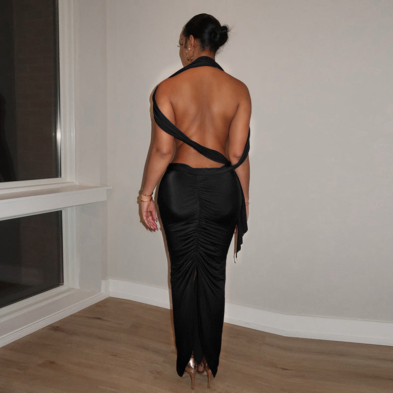 Halter Plunge Neck Backless Cut Out Tie Waist Bodycon Maxi Dress 2