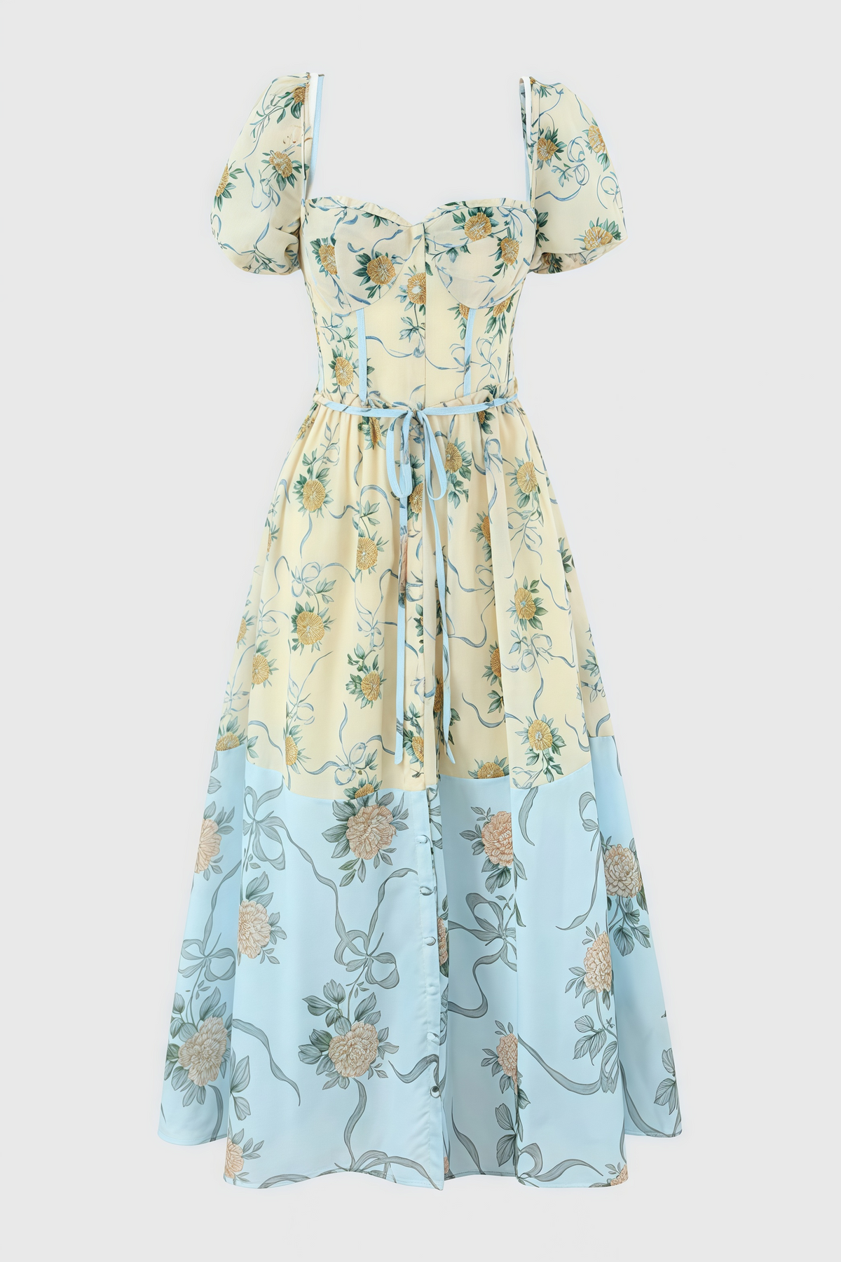 Floral Print Puff Sleeve Corset Bodice Tiered Chiffon Midi Dress 5