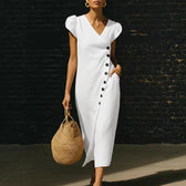 V-Neck Cap Sleeve Side Button Linen Midi Dress 2